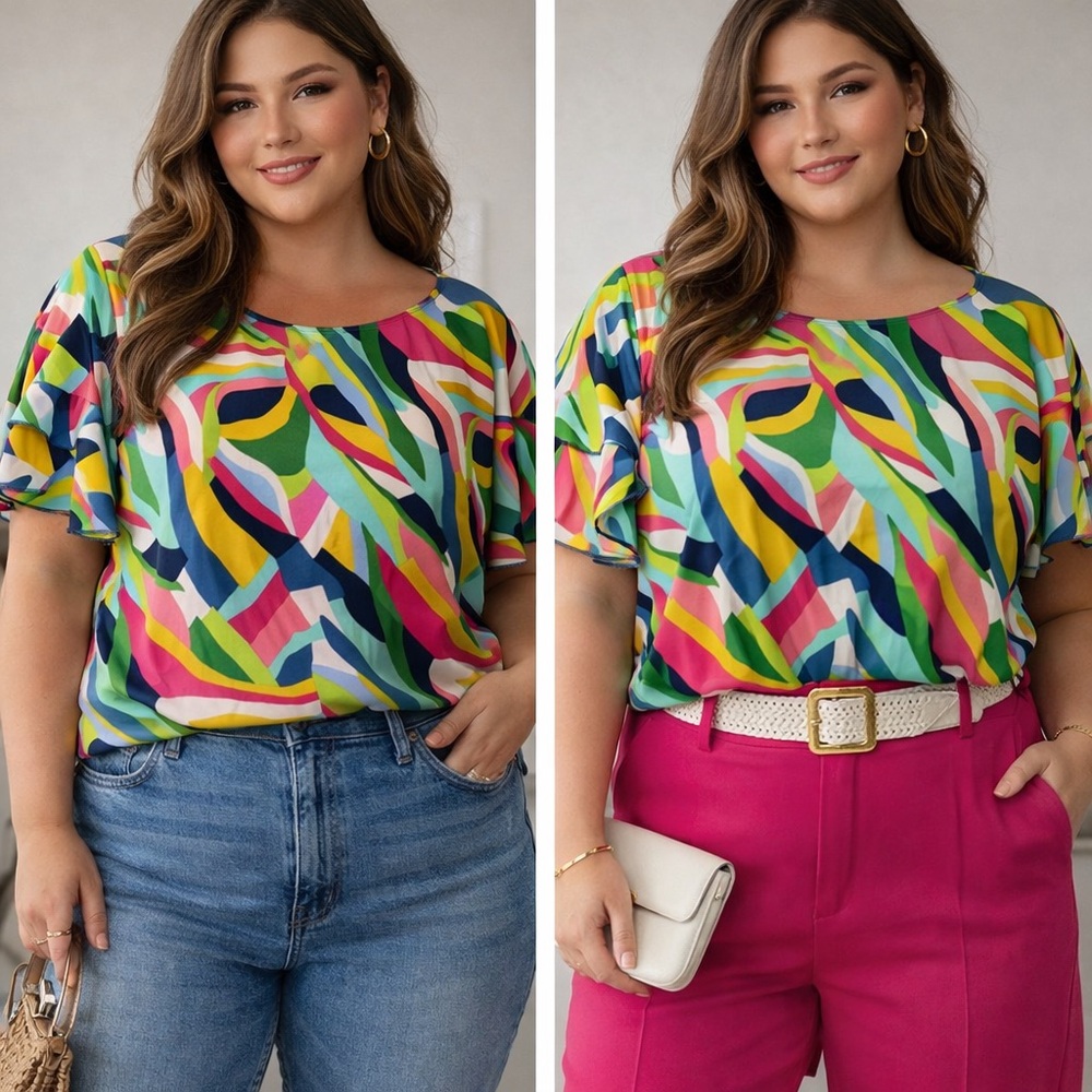 Plus Size Multicolor Abstract Print Flutter Sleeve Blouse 07-0258